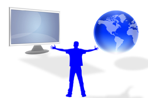 A graphic shows a figure of a man with a computer monitor in one hand and a globe in the other.