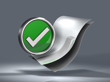 An image shows a green checkmark on two silver documents.