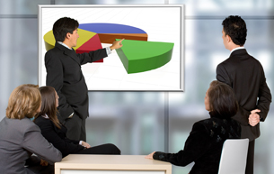 Five people in a meeting viewing a business chart.
