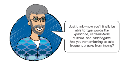 An illustration shows a teacher saying, ‚ÄúJust think, now you‚Äôll finally be able to type words like xylophone, verisimilitude, quixotic, and zoophagous. Are you remembering to take frequent breaks from typing?‚Äù