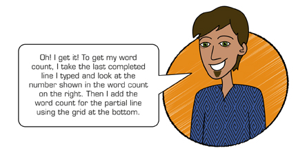An illustration of a male student saying, ‚ÄúOh! I get it! To get my word count, I take the last completed line I typed and look at the number shown in the word count on the right. Then I add the word count for the partial line using the grid at the bottom.‚Äù 