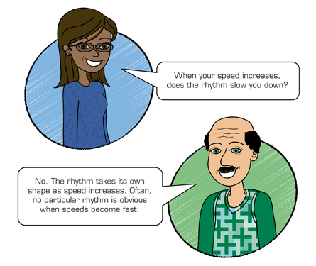 An image of a student and a teacher talking. The student says, ‚ÄúWhen your speed increases, does the rhythm slow you down?‚Äù The teacher replies, ‚ÄúNo, the rhythm takes its own shape as speed increases. Often, no particular rhythm is obvious when speeds become fast.‚Äù