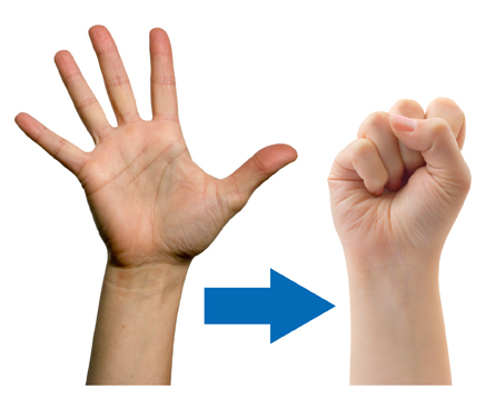 Two photos are shown. The first photo shows a hand with fingers spread as wide as possible. The second photo shows a hand with a fist clenched tightly.