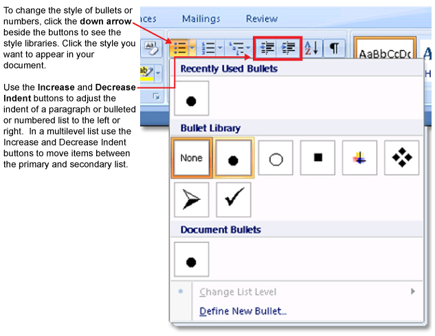 This graphic shows the Bullets, Numbering, and Multilevel List buttons.