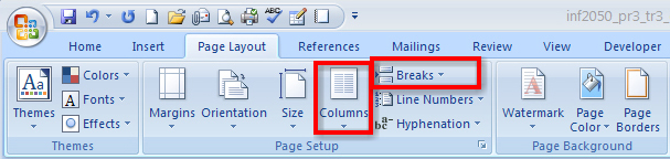 This screen shot shows the Page Layout tab with the Columns and Breaks functions highlighted in the Page Setup group on the Ribbon.