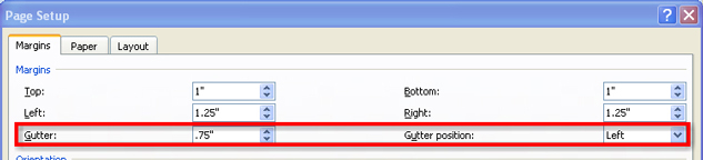 This graphic shows the Margins tab in the Page Setup dialog box highlighting the gutter size and position 
