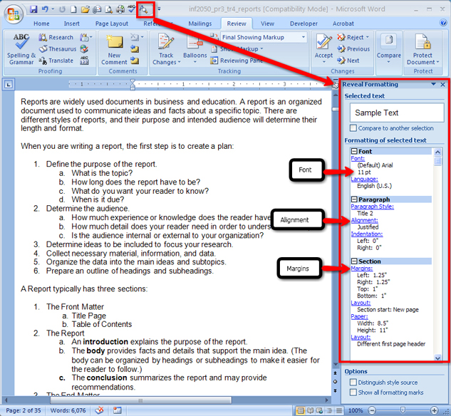 This screen shot shows the Reveal Formatting command in the Quick Access toolbar, and a document with the Reveal Formatting task pane open; the font, alignment, and margins are highlighted.