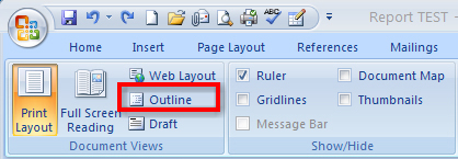 This screen shot shows the Outline button in the View tab on the ribbon.