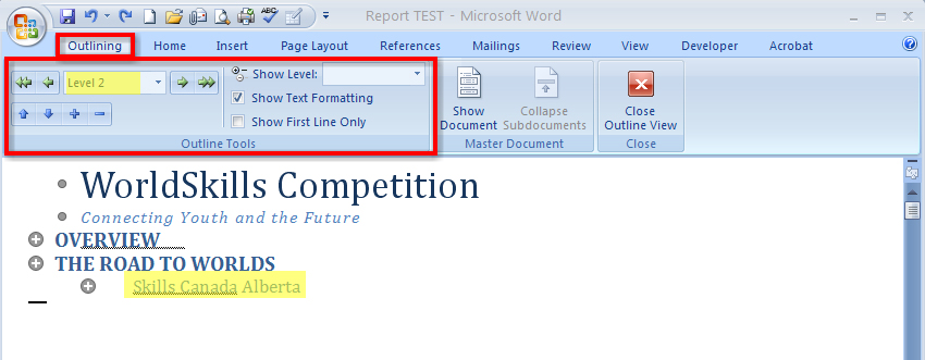 This screen shot shows the Outlining tab.