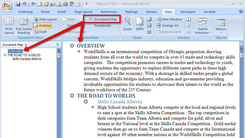 This screen shot shows the Document Map.