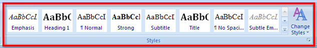 This screen shot shows the Styles group highlighted on the Ribbon.