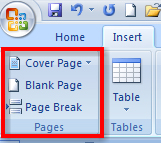 This screen shot shows the Pages group in the Insert tab.