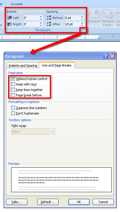 This graphic shows how to turn on the widow/orphan control.