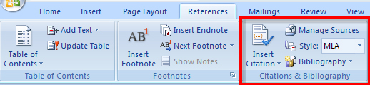 This graphic shows the Citations and Bibliography group on the ribbon.