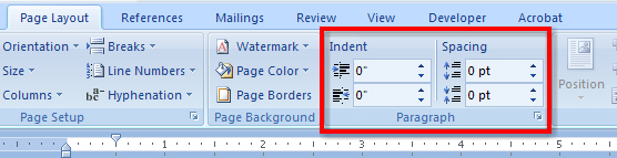 This graphic shows the Paragraph group on the Page Layout tab on the ribbon.