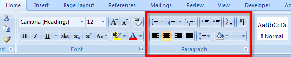 This graphic shows the Paragraph group on the Home tab of the ribbon.