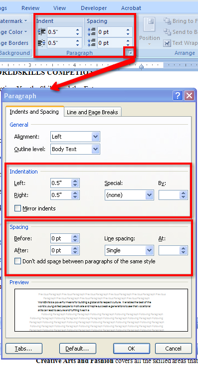 This graphic shows the Paragraph window and highlights Indent and Spacing controls.