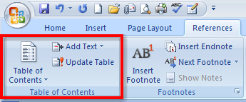 This graphic shows the Table of Contents command in the References tab on the ribbon.