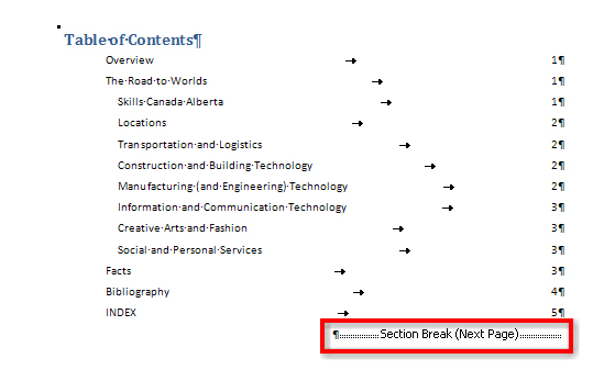 This graphic shows a Section Break (Next Page) on a TOC.