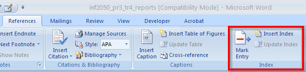 This screen shot shows the Index group in the References tab on the ribbon.
