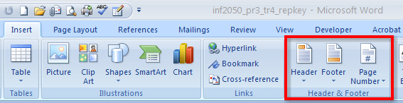 This graphic shows how to insert page numbers in headers and footers.
