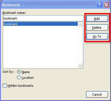 This graphic shows the Bookmark window and how to add, delete, or go to a bookmark.