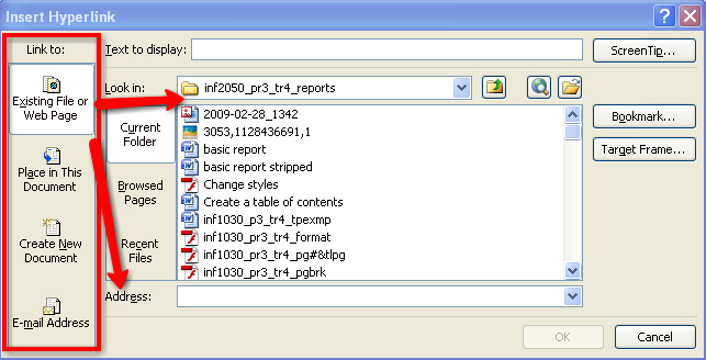 This graphic shows the Hyperlink window used to link to existing files or web addresses.