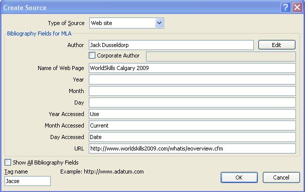This graphic shows the Create Source window and gives reference information for a quote taken from the WorldSkills Website.