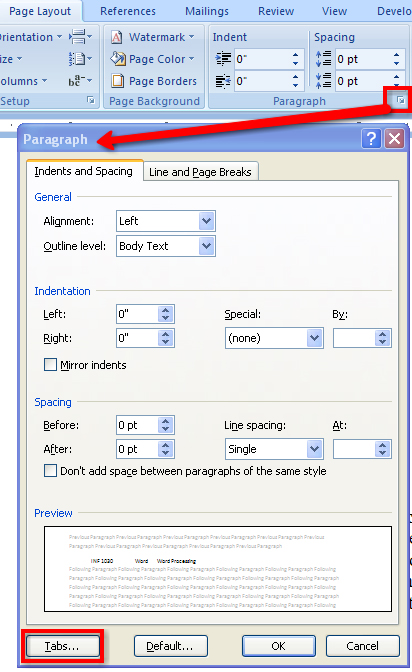 This diagram shows the Paragraph dialog box with the Tab button highlighted. 