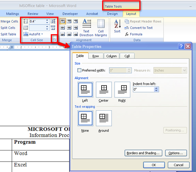 This diagram shows how to access Table properties using Table tools, the Layout tab, and the Cell Size dialog box launcher.