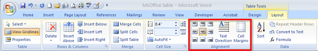 This graphic shows the Alignment group in the Layout tab of the Table Tools menu.