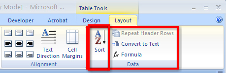 This graphic shows the Sort command button in the Layout group in the Table Tools menu.