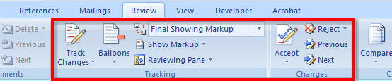 A screen shot hows the Tracking and the Changes groups in the Review tab of the Ribbon.
