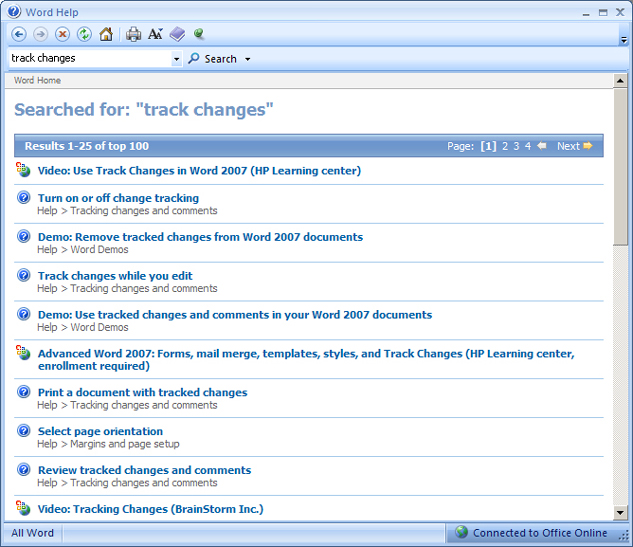 This screen shot shows the Word Help search results for Track Changes.