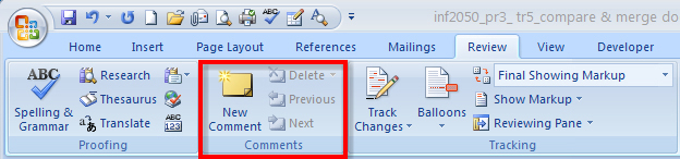 This graphic shows the Comments group in the Review tab of the Ribbon.