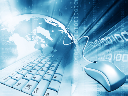This is an image of a printed globe, keyboard, and mouse in a collage overlaid with binary code