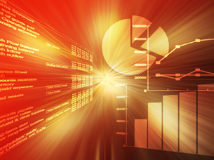 A graphic shows a spreadsheet data and business charts glowing wireframe red and orange.