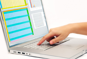 A picture shows a hand working at a computer with a spreadsheet on the screen.