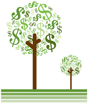 This illustration is of two trees with dollar signs for leaves.