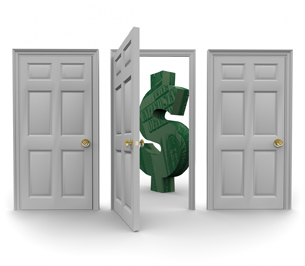 This illustration shows three doors side-by-side. The middle door is open, revealing a money symbol behind it. 