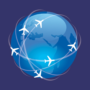 This illustration shows airplanes circling the globe.