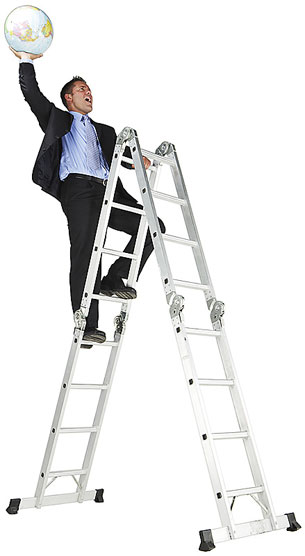 This is a photograph of a young professional male climbing a ladder with the world in his hand.