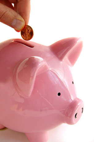This is a photograph of a pink piggy bank with money dropping into it.
