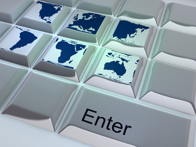 A computer keyboard with different countries of the world on it.