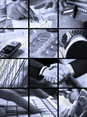 A collage of pictures indicating planning, time, computers and a business meeting.