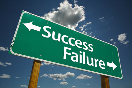 This is a photograph of a road sign. An arrow points to the left with the word Success. The word Failure has an arrow that points in the opposite direction.