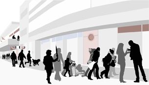 An illustration of people walking down the street.