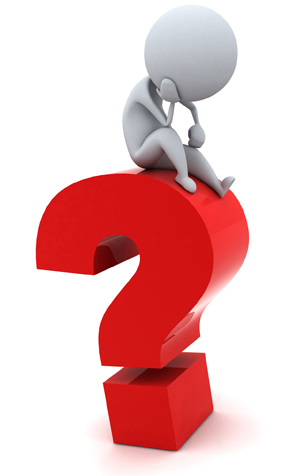 A three dimensional character sitting on a question mark thinking.