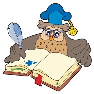 A wise owl is writing in a book.