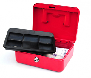 A cash box with a petty-cash voucher showing.